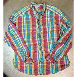 Vtg 90s Fryday Selected Shirts Madras Plaid Button Down Mens XL Large Fun Shirt